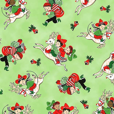 Christmas Rodeo - Giddyup Reindeer - Green - Michael Miller